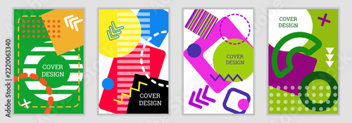 Bright background in Memphis style. Set of geometric cover designs. Fashionable bright cover, banner, poster, booklet. Bright colors. Vector