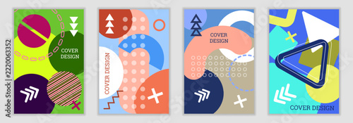 Bright background in Memphis style. Set of geometric cover designs. Fashionable bright cover, banner, poster, booklet. Bright colors. Vector