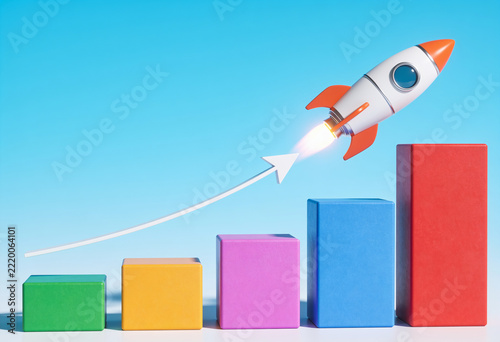 Toy Rocket Ship Launching from Colorful Bar Chart Blocks with Rising White Arrow Business Growth Success 3D Render