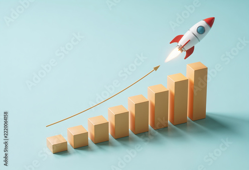 Toy rocket launching from rising bar chart orange arrow light blue background business growth success 3D render