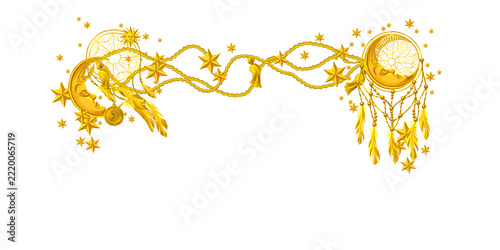Rectangular banner with golden crescent moon, stars and dream catchers in the corners