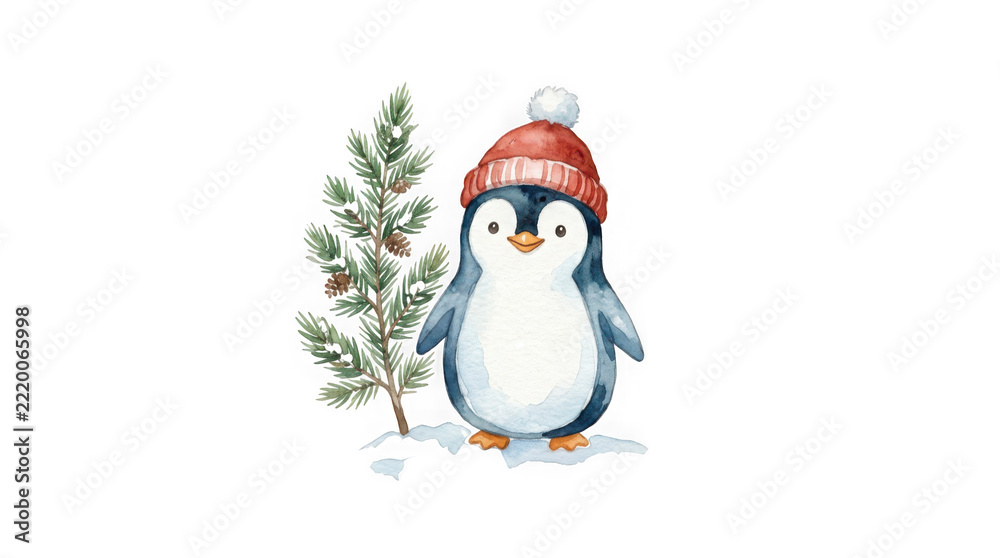 Obraz premium Watercolor illustration of a cute penguin wearing a red winter hat standing next to a small pine tree isolated on transparent background