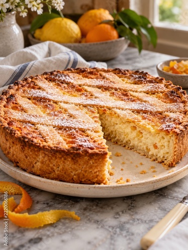 Golden lattice pastry with creamy ricotta filling on a ceramic platter