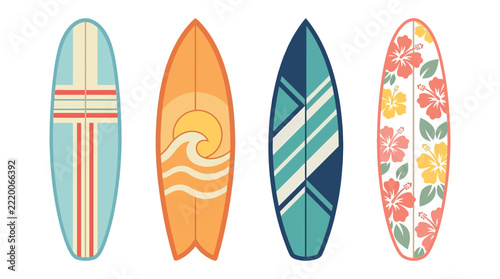 Four surfboards with varied designs are displayed on a white background
