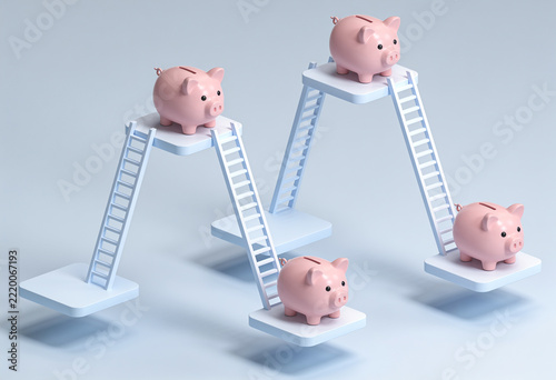 Pink piggy banks on white ladders representing financial growth stages and investment levels minimalist 3D render