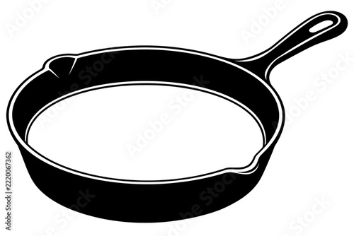 Cast Iron Skillet With Pour Spouts Vector Icon - Black and White Heavy Duty Frying Pan Graphic Illustration
