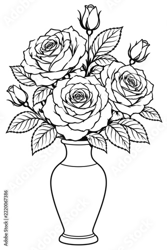Blooming Rose Bouquet In Vase Vector Icon - Black and White Floral Arrangement Graphic Illustration