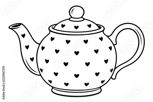Heart Pattern Cute Teapot With Lid Vector Icon - Black and White Romantic Tea Service Graphic Illustration