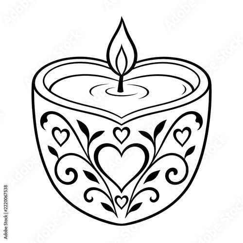 Heart Shaped Decorative Aroma Candle Vector Icon - Black and White Romantic Scented Light Graphic Illustration