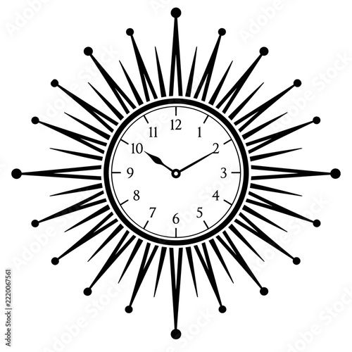 Mid Century Modern Sunburst Wall Clock Vector Icon - Black and White Retro Starburst Timepiece Graphic Illustration