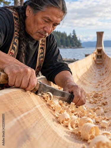 Experienced Coastal Canoe Builder Shaving Cedar with a Traditional Hand Tool