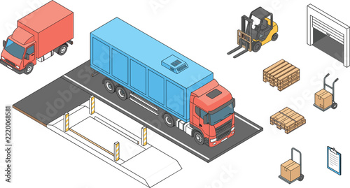 Isometric logistics warehouse elements with cargo trucks forklift pallets cardboard boxes rolling shutter door clipboard