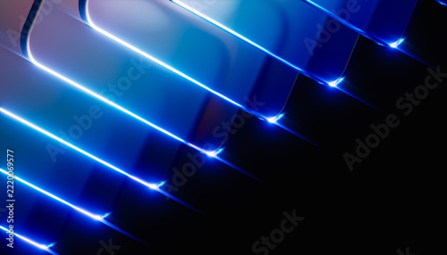 Abstract neon glass layers for big data analytics, cloud server technology background, geometric minimalist corporate banner and software stack architecture 3d rendering banner.