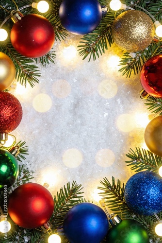 Colorful Christmas Background with Glowing Holiday Lights and Bright Ornaments