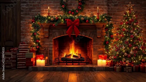 Cozy Christmas Fireplace with Festive Decorations, Glowing Candles and Wrapped Gifts