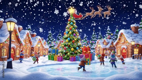 christmas celebration in the outdoor with snowfall in the night. with cartoon style. seamless looping time-lapse virtual video animation background.

