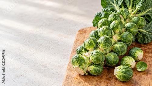 Freshly harvested sprout stalk with detached green sprouts on a wooden board