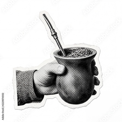 Retro halftone collage of a hand holding a traditional chimarrao gourd with bombilla, torn paper cutout, vintage mate tea isolated on white