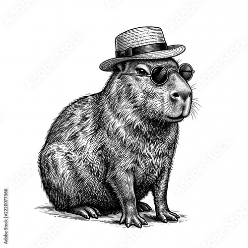 Vintage engraving of a capybara wearing a straw hat and round sunglasses, funny summer animal etching illustration isolated on white