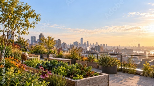 Raised vegetable beds and flowers in a peaceful urban rooftop garden