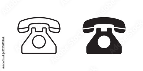 Vintage Telephone Icon Vector Set, Minimalist Black Line and Solid Phone Symbol, Retro Landline Communication Graphic