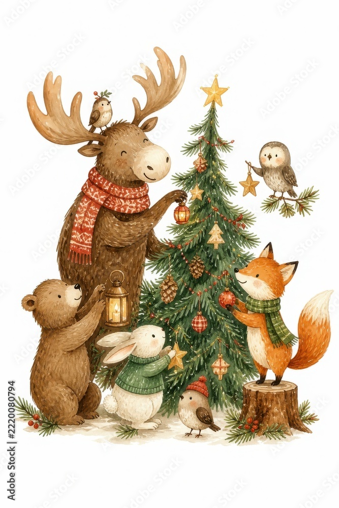 Fototapeta premium Whimsical woodland animals decorating a Christmas tree