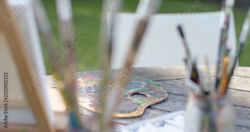 Camera is pulling focus from palette to brushes, revealing frayed bristles for garden studio use