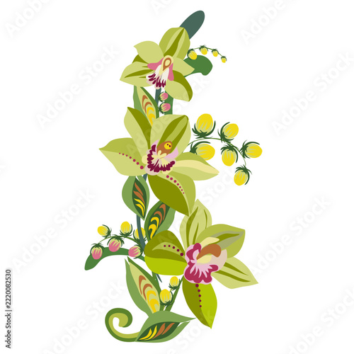 Beautiful stylized floral ornament. Floral rhythmic pattern. Vintage botanical composition of fantastic plant elements. Petrykivka painting with orchids.