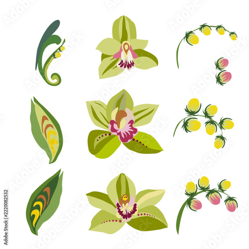 Beautiful stylized floral ornament. Floral rhythmic pattern. Vintage botanical composition of fantastic plant elements. Petrykivka painting with orchids.