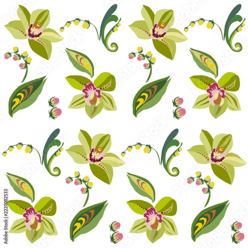 Beautiful stylized floral ornament. Floral rhythmic pattern. Vintage botanical composition of fantastic plant elements. Petrykivka painting with orchids.