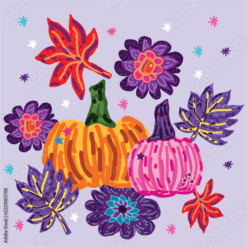 Vibrant orange pumpkin with fall foliage. Great for Halloween decorations, Thanksgiving designs, posters, stationery, and seasonal marketing. Tileable and versatile vector illustration.