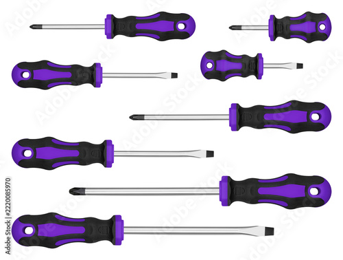 High quality chrome vanadium toolset template with Purple assorted phillips and slotted tips. Clean minimalist technical asset layout for engineering brand
