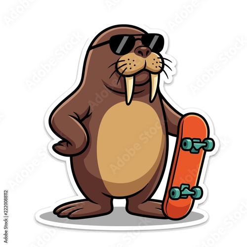 Cool Walrus Character Holding Skateboard Illustration.