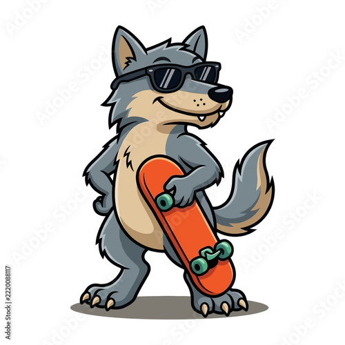 Cool Wolf Character Holding Red Skateboard Illustration.