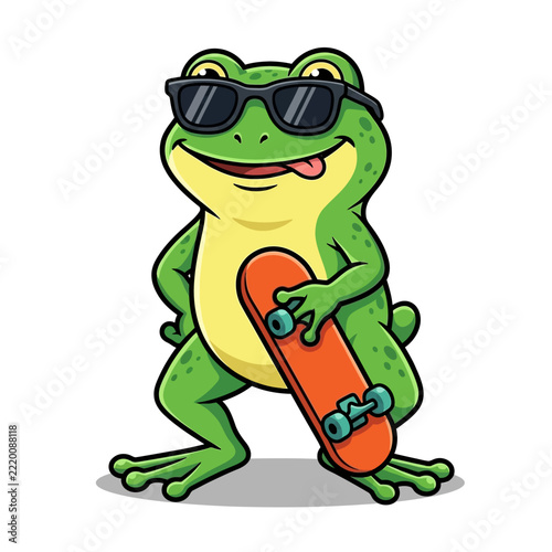 Happy green cartoon frog wearing sunglasses holding orange skateboard smiling.