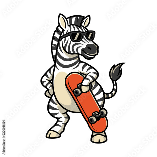 Zebra Riding Red Skateboard Cartoon Illustration.
