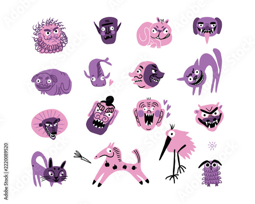 Halloween spooky monsters, beasts, bizarre animals, odd cats, mystical creatures, ancient spirits, fantasy spooky clipart, y2k stickers