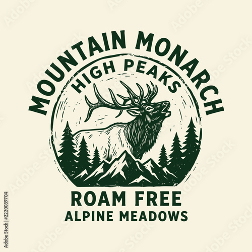 Vintage mountain monarch elk logo with alpine meadows and pine trees design.