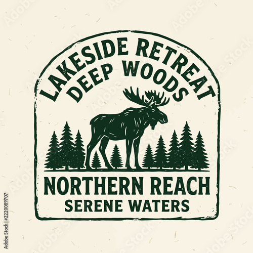 Vintage outdoor wilderness badge with moose and pine trees.
