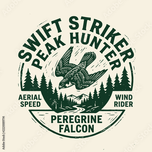 Vintage Peregrine Falcon Circular Badge with Pine Forest Design.