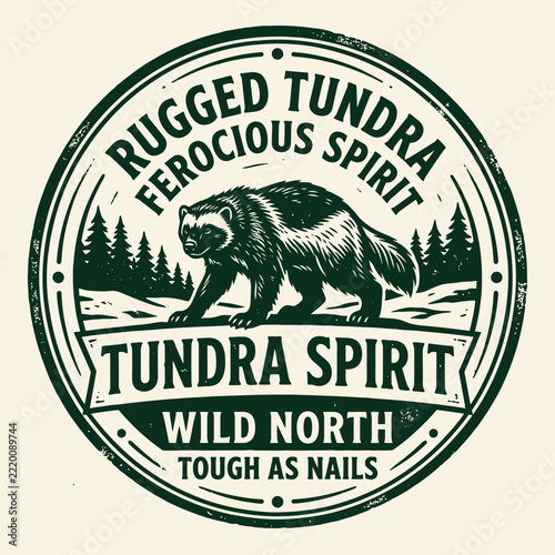 Vintage wolverine badge rugged tundra wild north spirit logo.