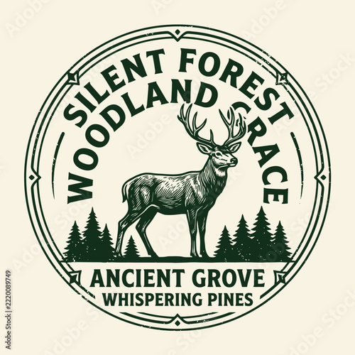 Vintage woodland deer badge emblem with pine trees circular logo design.