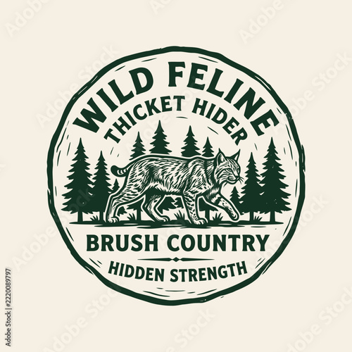Wild feline walking through brush country pine forest.