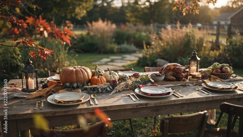 Outdoor thanksgiving dinner table set with a roasted turkey, pumpkins, candles, and autumn foliage on a rustic wooden table in a garden, capturing a warm and festive seasonal celebration