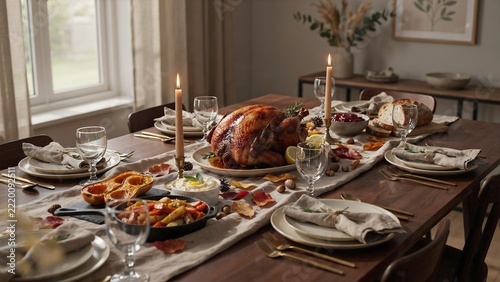 A beautifully arranged thanksgiving dining table featuring a roasted turkey, various side dishes, lit candles, and seasonal autumn decor on a rustic wooden table in a bright dining room interior