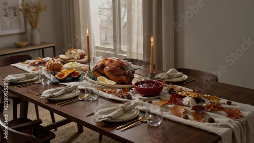 A festive thanksgiving dinner table setting featuring a roasted whole turkey, side dishes, candles, and autumn leaves on a wooden table in a dining room with soft natural light from a window