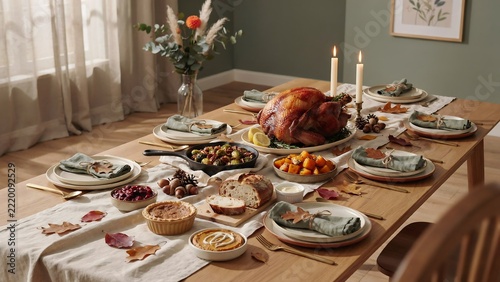 A rustic thanksgiving dinner table set with a roasted turkey, side dishes, candles, and autumn leaves on a wooden table in a dining room with soft natural light and a vase of dried flowers
