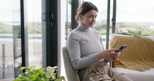 Woman 30s reading smartphone by sliding doors, reacting, grabbing keys, heading outside for air