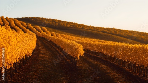 Vineyard rows glowing gold on a hillside in autumn, wine harvest season