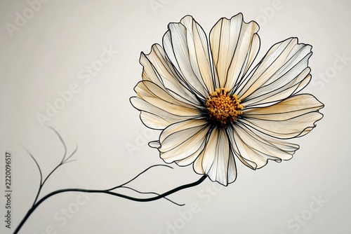 Delicate Wildflower Design With Intricate Black Outlines on a Soft White Background Generative AI